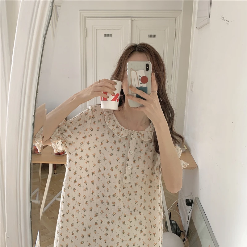 Summer Floral Print Nightgown Women Cotton Homewear Dress Ruffles Short Sleeve Nightdress Loose Ins Home Clothes Sleepdress