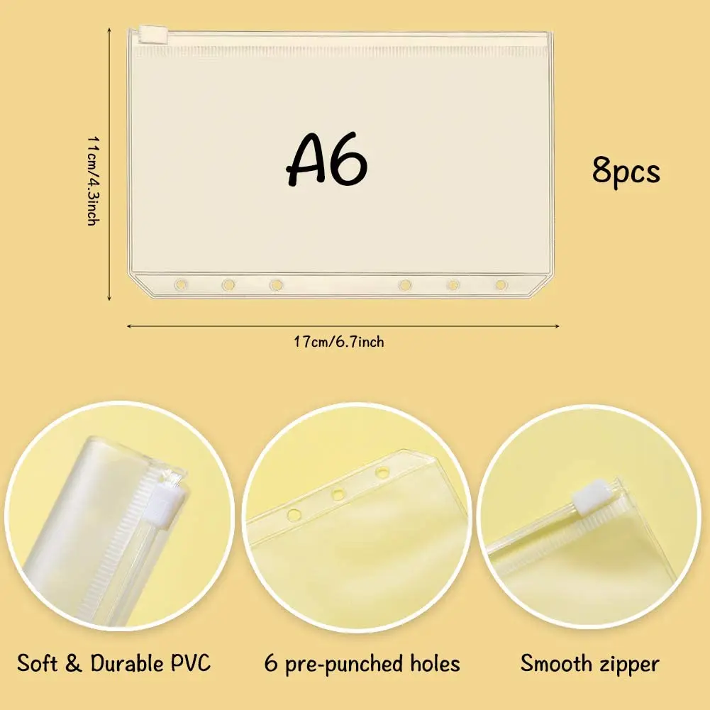21Pcs A6 PU 6 Rings Refillable Notebook Cover with 8Pcs PVC Zipper Envelopes Pockets and 12Pcs Budget Sheets for Bill Planner