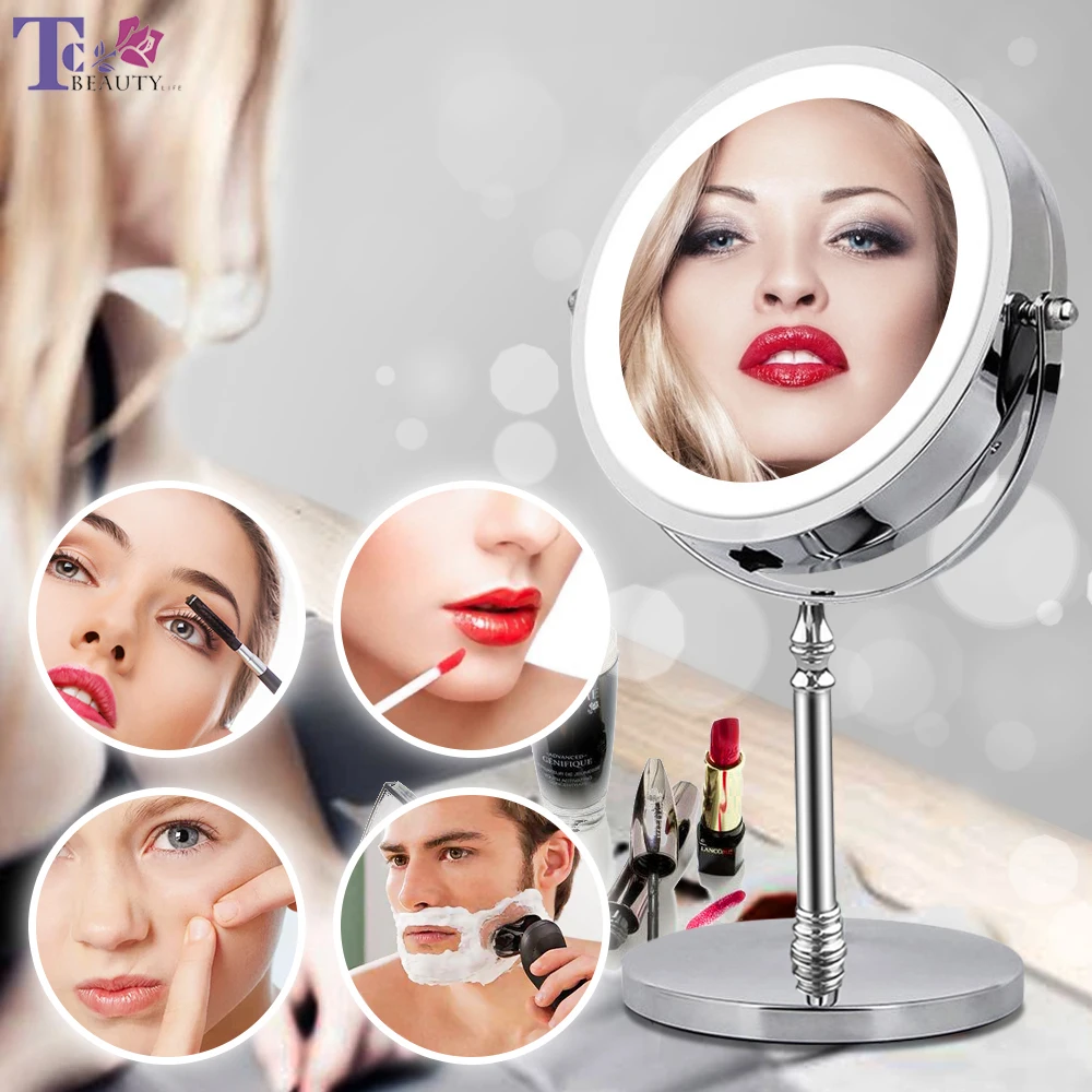 10X Vergrootglas Make-Up Spiegel Met Licht Led Cosmetische Spiegels Ronde Vorm Desktop Spiegel Dubbelzijdig Backlit Spiegels