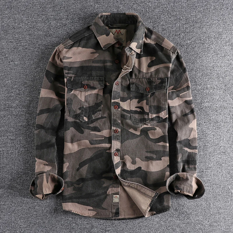 Autumn New American Retro Tooling Camouflage Shirt Men\'s Fashion Long Sleeve Loose Pure Cotton Washed Old Casual Blouses Coat