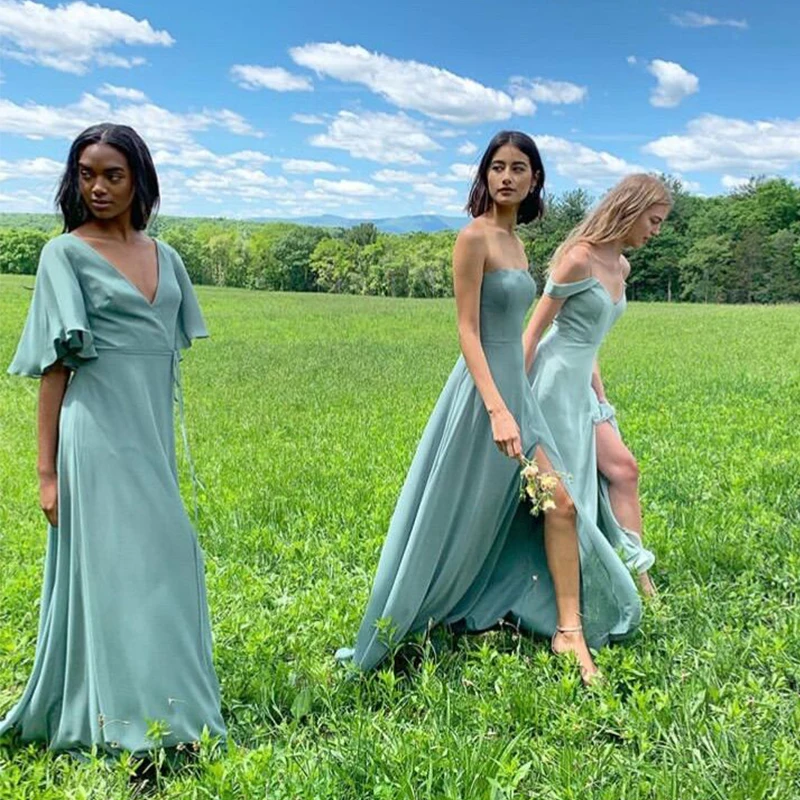 

Long Sea Green Chiffon Bridesmaid Dresses Custom Made Women Wedding Party Dresses Simple Maid Of Honor Dresses Robe De Soiree