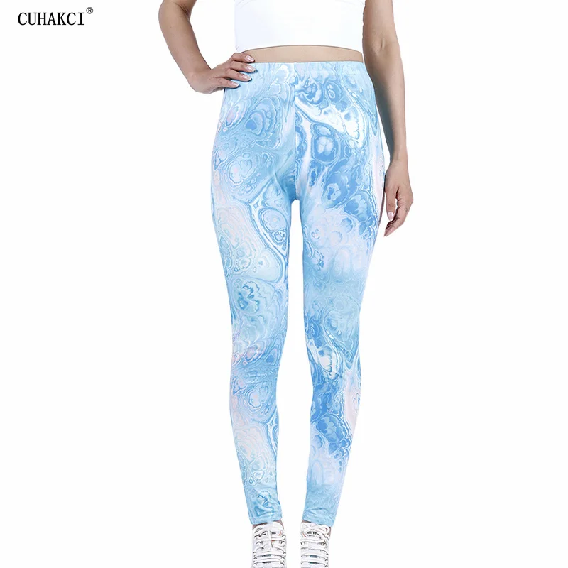 CUHAKCI New Women Casual Elastic Ink Floral Light Blue Push Up Stretch Leggings Long Trousers Stretchy Pants HOT Dropshipping