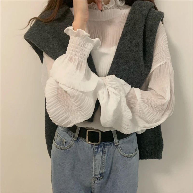 Women Solid Long Sleeve Chiffon Tops Female Casual Vintage Butterfly Sleeve Shirts Ladies Korean Ruffled Blouses Blusas Mujer