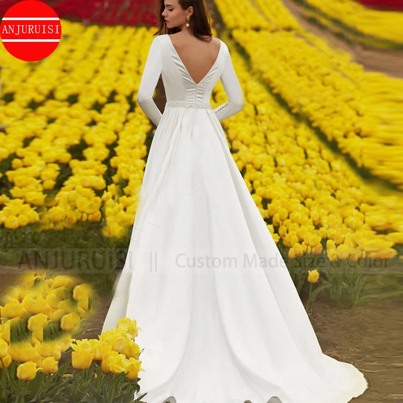 Lange Ärmel Hochzeit Kleid Einfache Vestido De Novia 2022 EINE Linie Satin Braut Kleid Perlen Gürtel Robe Mariage Boda Trouwjurk günstige