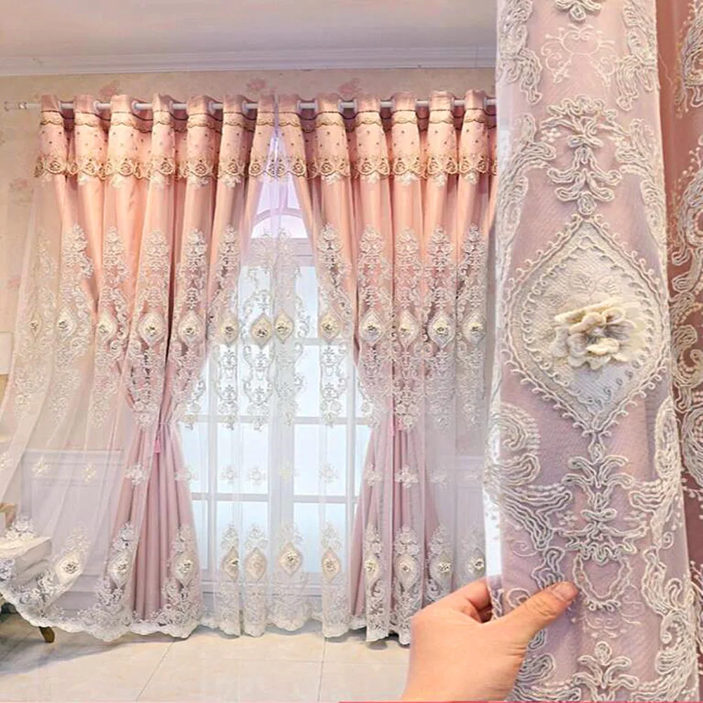 

Europe Luxury Embroidered Embossed Tulle Curtain High-End Imitation Satin Curtain For Living Room Bedroom Royal Drape Home Decor