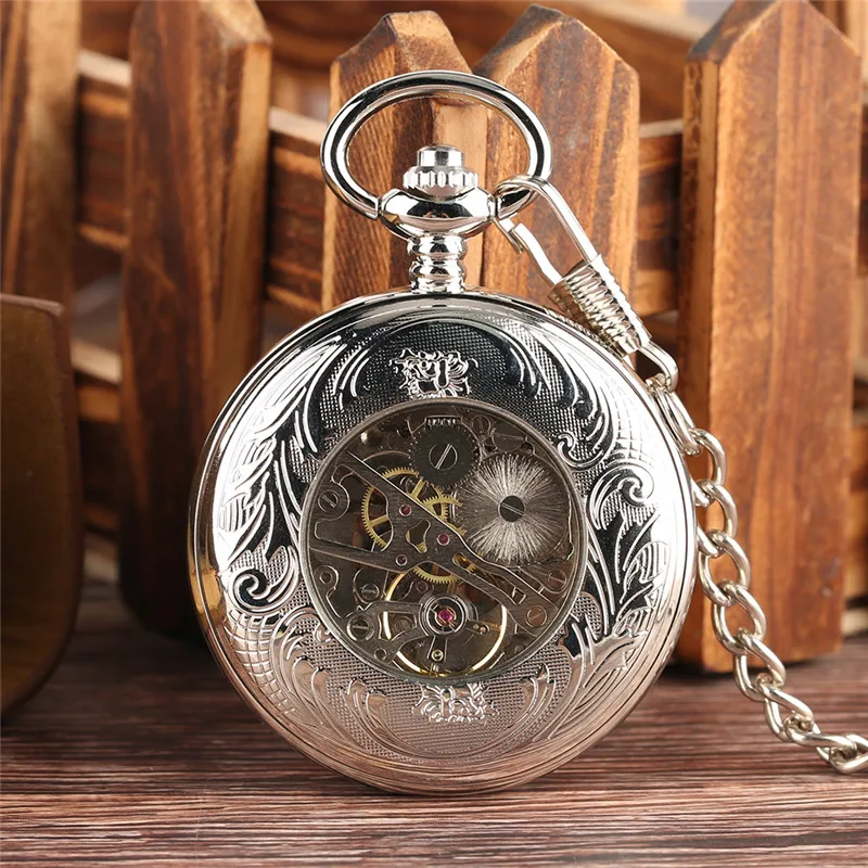 Silver Hollow Wheel Gear Men Women Hand Winding Mechanical Pocket Watch Pendant Chain Roman Numeral Dial Gift Reloj de bolsillo