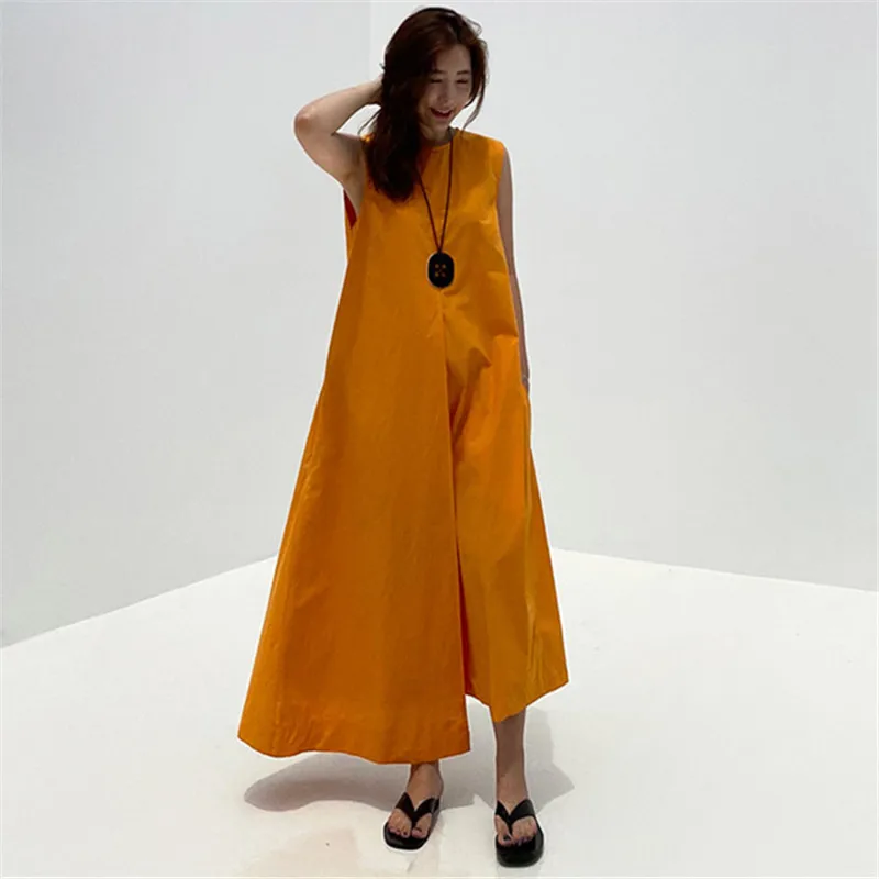 IHOBBY Bright Orange Irregular Long Dress Fashion Joker Sleeveless Spilt Back Lace Up Doll Loose Casual Dress