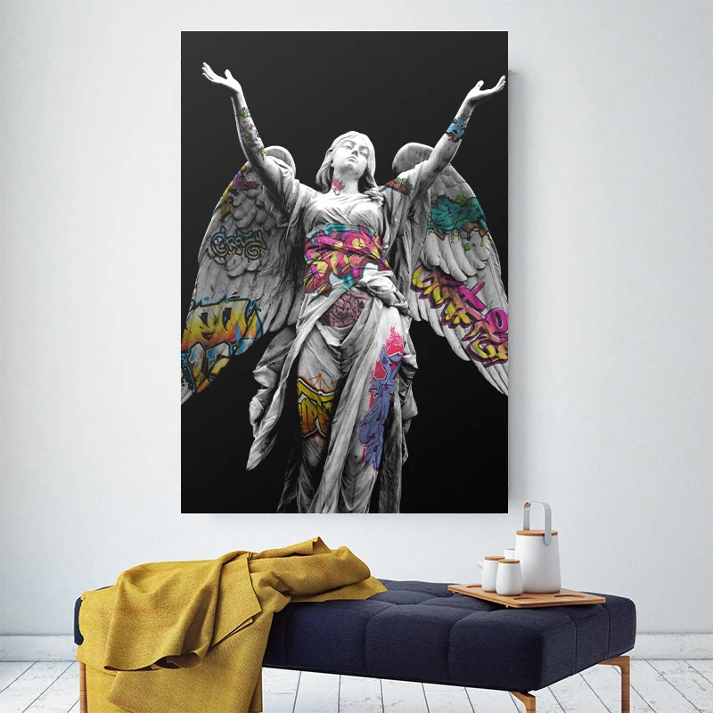 Vaporwave Sculpture Wings Graffiti Canvas Wall Art Poster Print for Bedroom Living Room Decor Street Art Picture