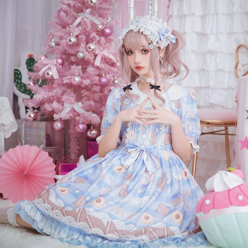 

Princess tea party sweet lolita dress vintage petal collar puff sleeve cute printing victorian dress kawaii girl op loli cos