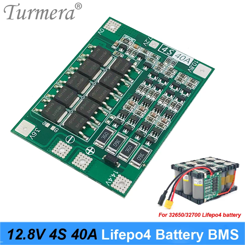 Turmera 4S 40A 12.8V 14.4V 32650 32700 Lifepo4 Battery Balanced BMS for Electric Boat Uninterrupted Power Supply 12V Car Battery