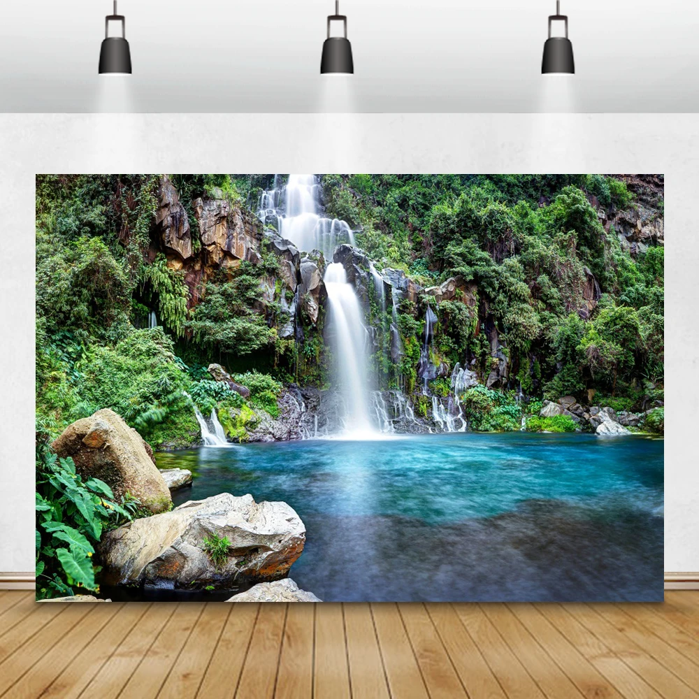 Summer Natural Scenery Backdrop Waterfall Flowers Trees Lake  Landscape Decor Photography Background Portrait Photophone Props