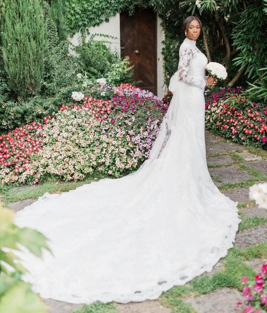 Ejue shung africano sereia vestidos de casamento com mangas compridas gola alta com zíper voltar completa rendas vestidos de casamento vestido de novia