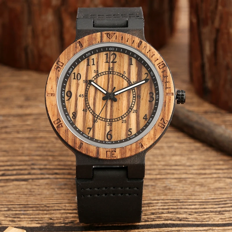 Wooden Watch Superb Double Circle digital Dial Precision Scale Quartz Male Leather Sports Clock Watches Military reloj hombre