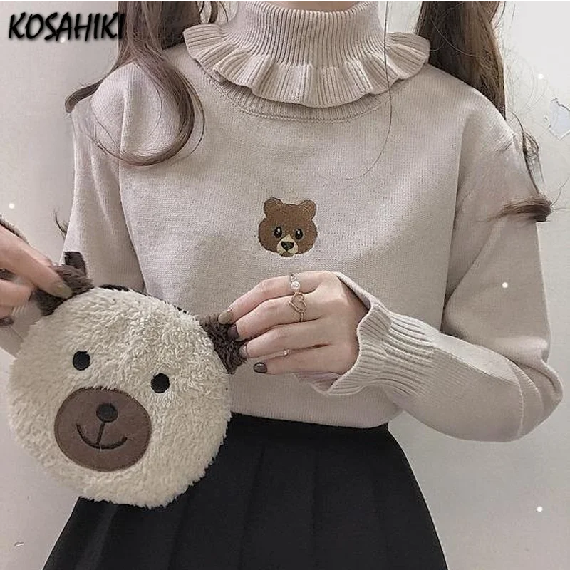 KOSAHIKI New Autumn Bear Embroidery Sweaters Fashion Cute Ruffle Turtleneck Pullovers Women Bastic Kintting Jumper Japan Style