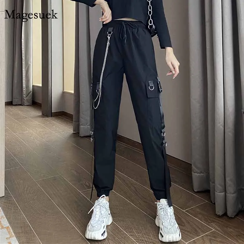 

Streetwear Jogger Harajuku Women Cargo Pants Elastic Waist High Buckle Ribbon Pocket Pant Punk Ring Chain Females Trousers 12826