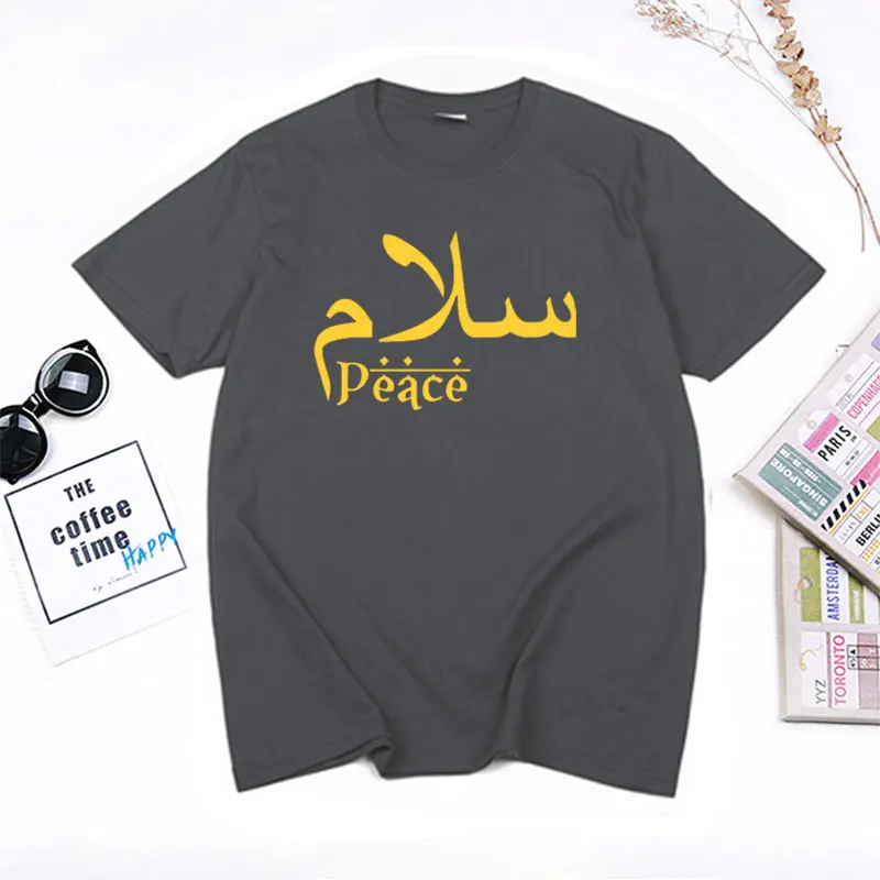 2020 New Summer Salam Peace Arabic T shirt Islamic Muslim Greeting Eid Mens O-Neck Tee Premium Cotton Short Sleeves T-shirt Tops