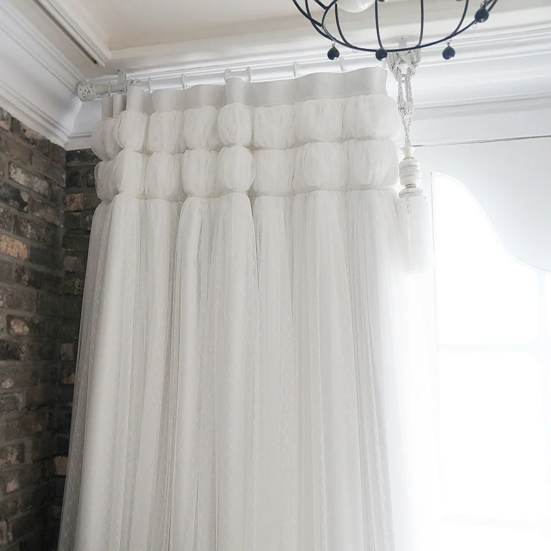 Korean 3 Layers Princess Curtains for Living Room Pure White Lantern Curtain Guaze Tulles Voile Fabrics Drapes for Girls Bedroom