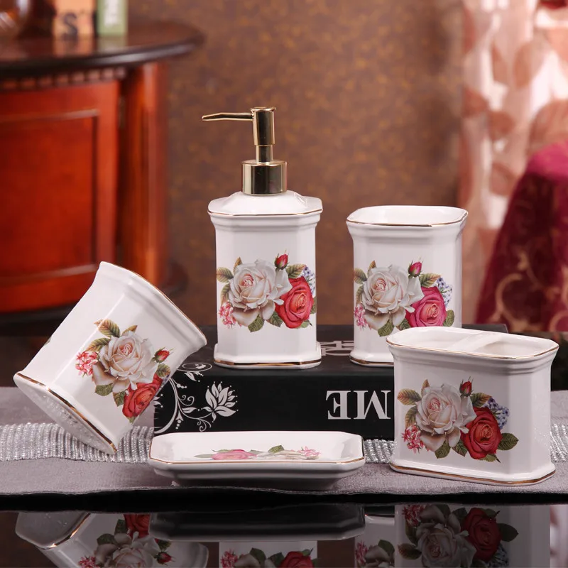 Bathroom Accessory Set Ceramic Bath Toiletries Soap Dispensers/Dishes Toothbrush Holder Gargle Cups Wedding Gifts Rose Finished