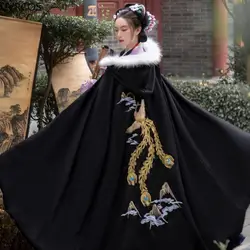 Oriental Ancient Black Hanfu Cloak Women Chinese Style Princess Costume Female Autumn Winter Warm Embroidery Hooded Cape Coat