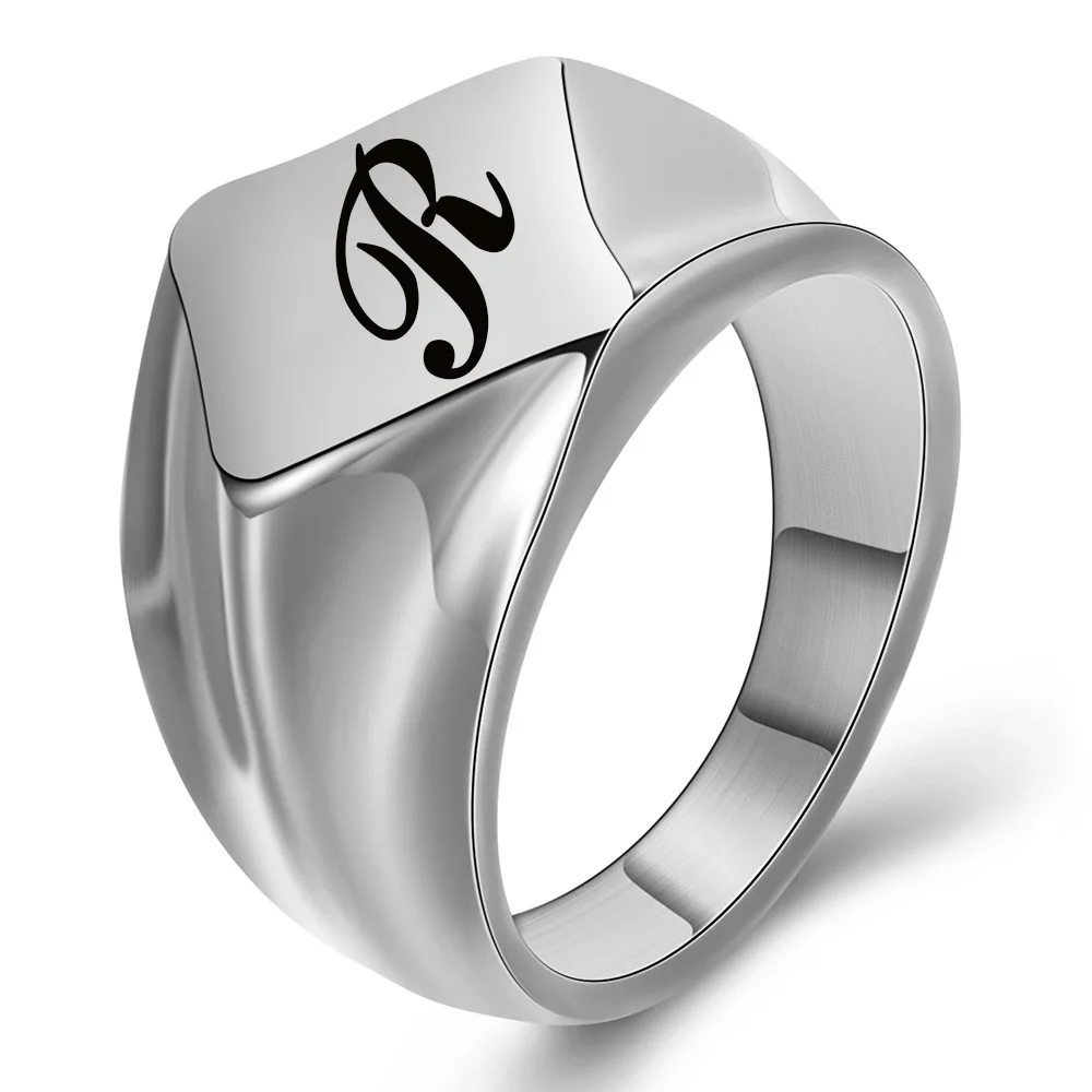 18mm Fashion Signet Initial Stamp Ring for Men Black Stainless Steel Engraved Personalized Initialen Letter Ring Custom Jewelry