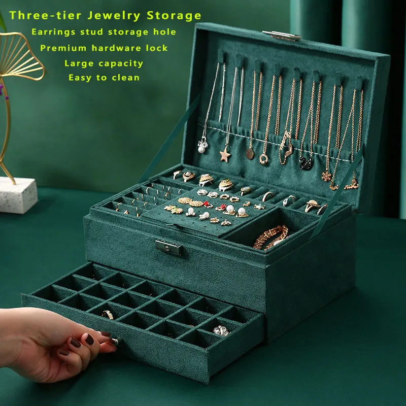 New Green 3-Layer Flannel Jewelry Organizer Box Necklaces Earrings Rings Display Holder Case for Women Large Capacity With Lock