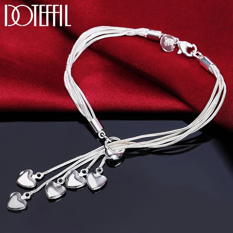 

DOTEFFIL 925 Sterling Silver Gold Tassel Love Five Heart Snake Chain Bracelet For Women Wedding Engagement Party Jewelry