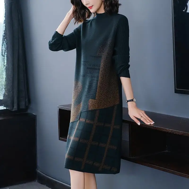 Women Knitting Dress 2024 New Retro Patchwork Loose Female Sweater For Autumn Slim Temperament Bottom Clothes High Quality