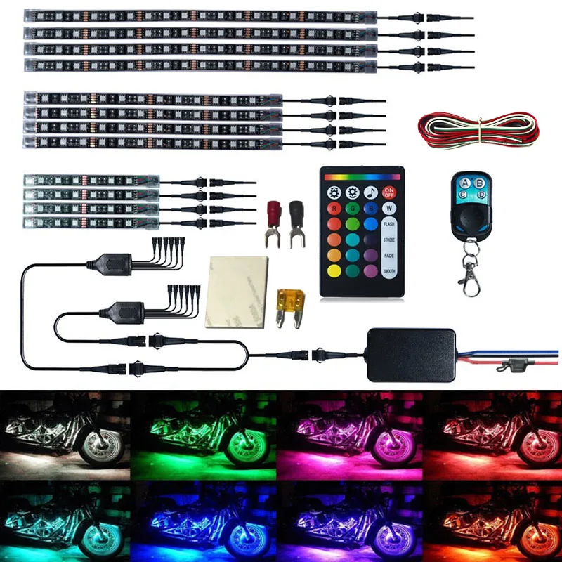 Motorcycle LED Light Kit Strips 5050 RGB Colorful Atmosphere Lights 12PCS Waterproof Light Strip Voice Control RF Wireless Remot