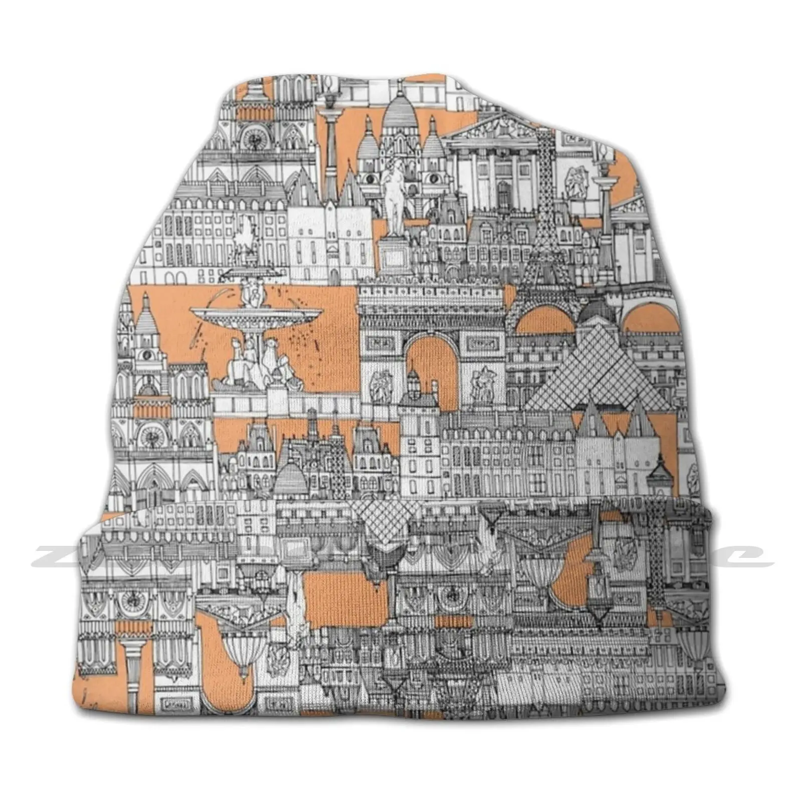 Paris Toile Cantaloupe Personalized Pattern Knit Hats Plus Size Elastic Soft Cap Eiffel Tower The Louvre Arc De Triomphe Notre