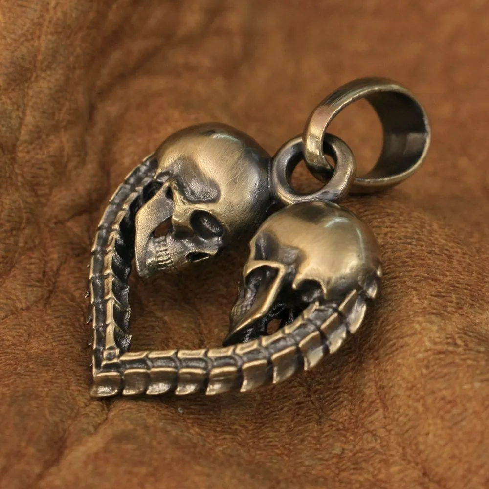 

LINSION Brass Double Skulls Heart Pendant High Details Mens Biker Rock Punk Jewelry BR168 JP