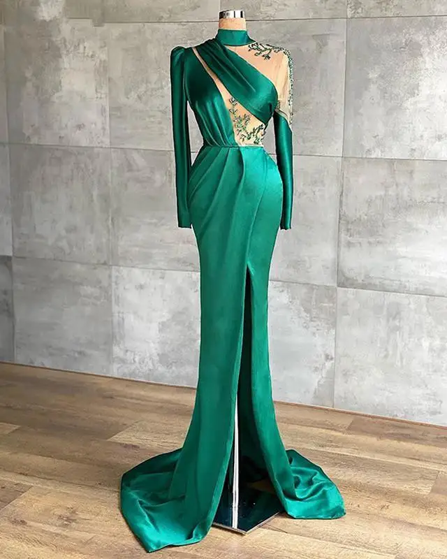 Manga longa gola alta sereia vestidos de baile sexy frente dividir dubai senhoras renda verde cetim festa noite robe soirée femme