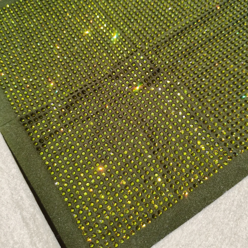 Crystallized Hot Fix High Quality Green Crystal Rhinestone Polyester Spandex Elastic Stretch Fabric Mesh Fish Net