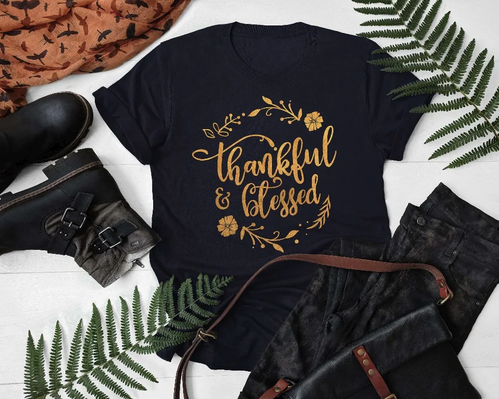 

Fashion Holiday Flowers Graphic Tshirt Women Gift Tumblr Tee Party T-shirt Thankful Blessed Shirt Thanksgiving Grateful