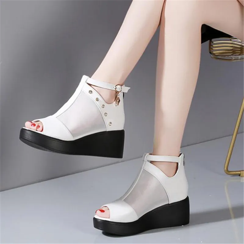 size 33-43 summer women\'s sandals mesh stitching rhinestone Korean version of the wild super slope with fish mouth casual shoes