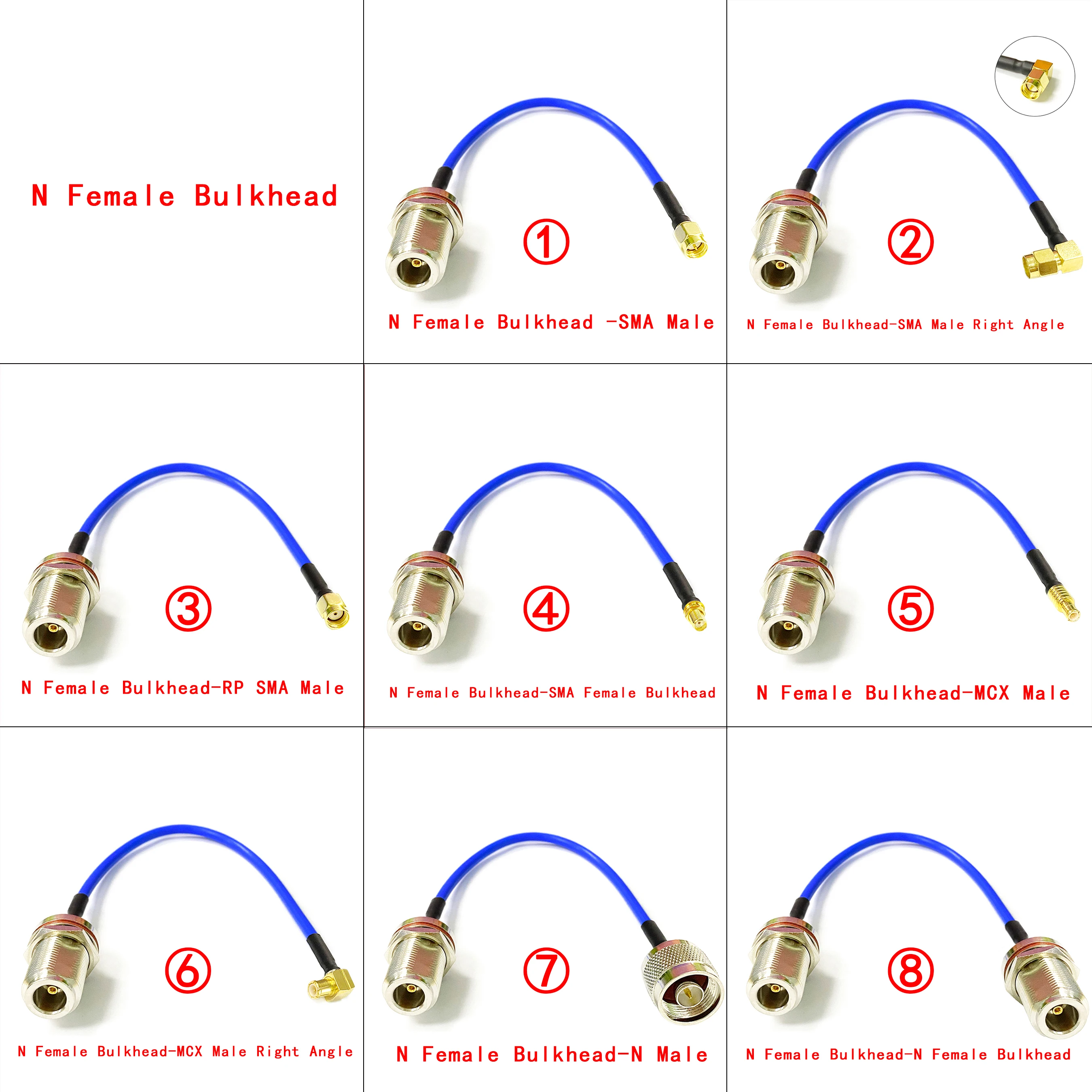 1PC N Type Female Bulkhead to SMA N MCX Male Female Pigtail Cable RG402 Blue Jack 20cm Low Loss For WIFI Wireless NEW Free Ship