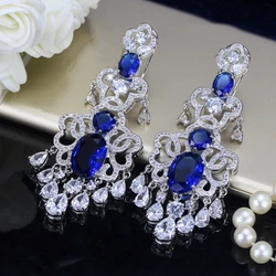 ThreeGraces Luxury Bridal Wedding Banquet Tassel Earrings for Brides Gorgeous Blue Cubic Zirconia Jewelry Accessories Gift ER213