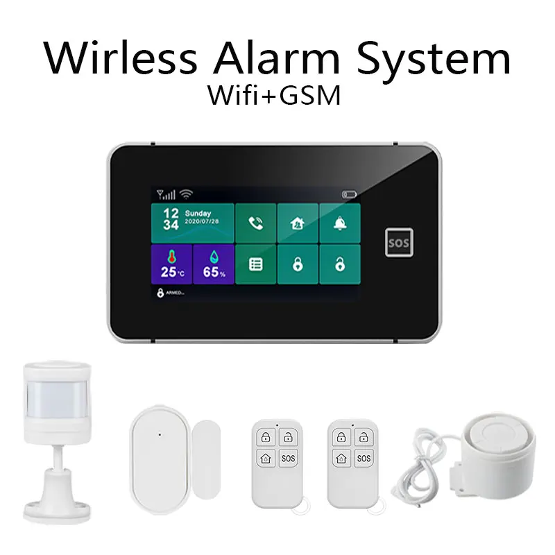 433MHz Tuya WiFi GSM Home Security Alarm System Wireless  Burglar Alarm Kit SOS Works with Google Alexa 4.3-inch IPS Touch Scree