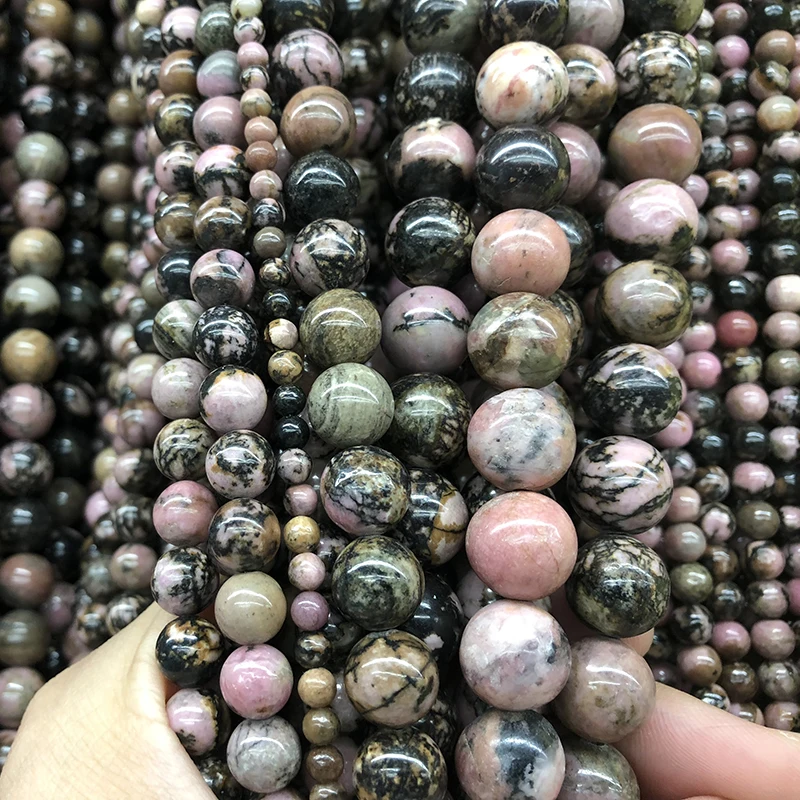 Natural Black Line Rhodochrosite Stone Round Loose Beads For Jewelry Making  DIY Bracelet Necklace 4/6/8/10/12 mm Strand 15\'\'