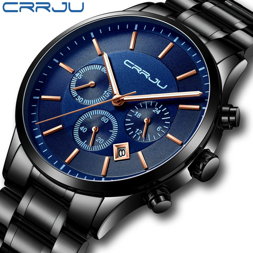 CRRJU New Fashion Men Watch Classic Business Multifunction Chronograph Quartz Wristwatch Casual Waterproof Stainless Steel Clock