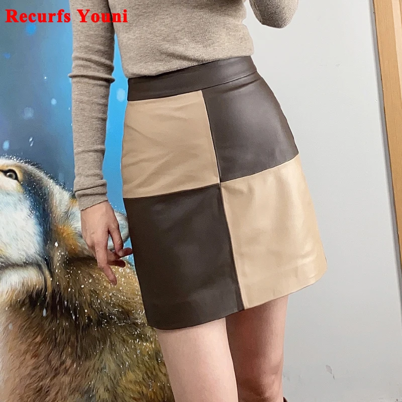 Color Block Skirt For Women 2024 New Fashion Clothing Female Harajuku Genuine Leather Mini Jupe Mujer Two Color Chic Booty Saia