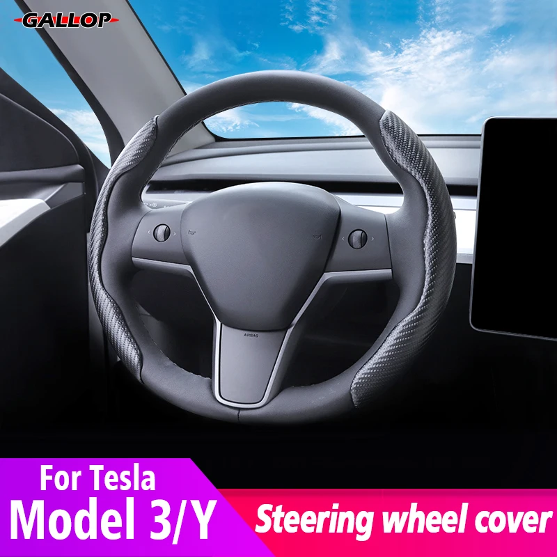 

Universal Suede Steering Wheel Cover Carbon Nonslip Ferrule Interior Decoration Accessories For Tesla 2016-2022 Model 3 Model Y