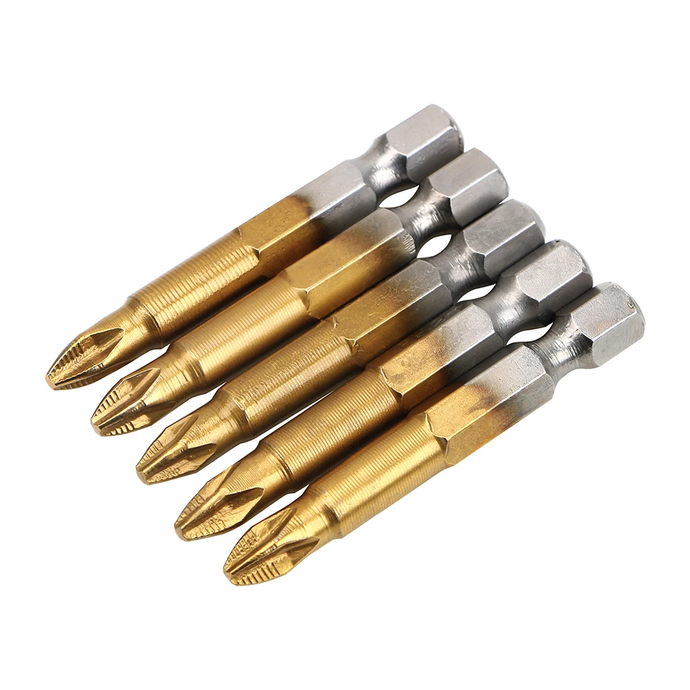 DIYWORK antideslizante 5 unids/set recubierto de titanio PH2 50mm de longitud puntas de destornillador eléctrico vástago hexagonal de 1/4 "con punta magnética