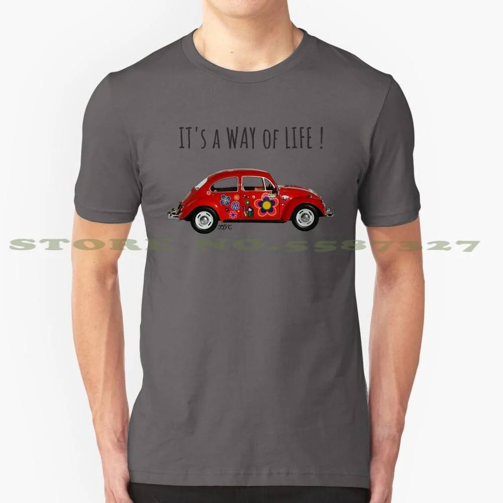 Beetle Motor Car , Flowers Peace Sign , Tshirt 100% Cotton T-Shirt Red Beetle Love Bug Car With Flowers Hippie Beach Peace