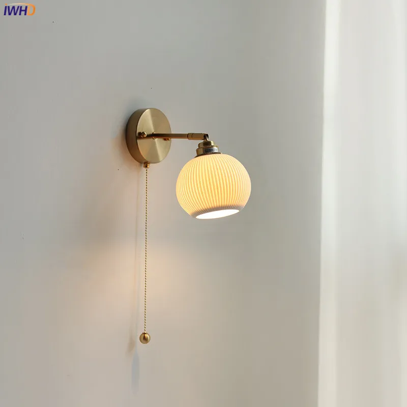 Iwhd Moderne Koperen Led Wall Licht Pull-keten Schakelaar Badkamer Spiegel Trap Lichten Nordic Keramische Wandlamp Blaker Luminaira