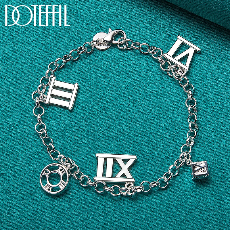 DOTEFFIL 925 Sterling Silver 18K Gold Five Roman Numeral Pendant Bracelet For Women Charm Wedding Engagement Party Jewelry