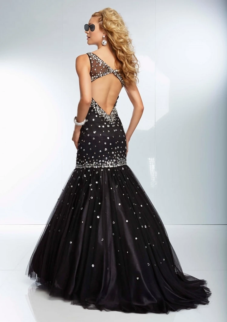 Sexy Black Crystal Beading Mermaid Quinceanera Dresses Organza Back Keyhole Sweet 16 Dress Party Wear Formal Prom Dresses