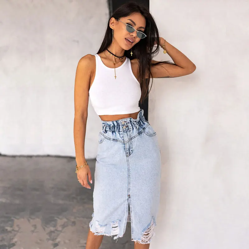 Denim Midi Rok Ripped Knop Elastische Split Lichtgekleurde Gewassen Denim Potlood Rokken 2023 Hoge Taille Ripped Bil Half-Lengte