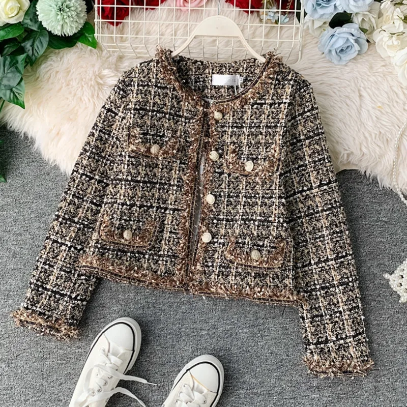 Short Woolen Elegant Autumn and Winter Vintage Tweed Coat Women's Korean Style Casual Fashion Patchwork