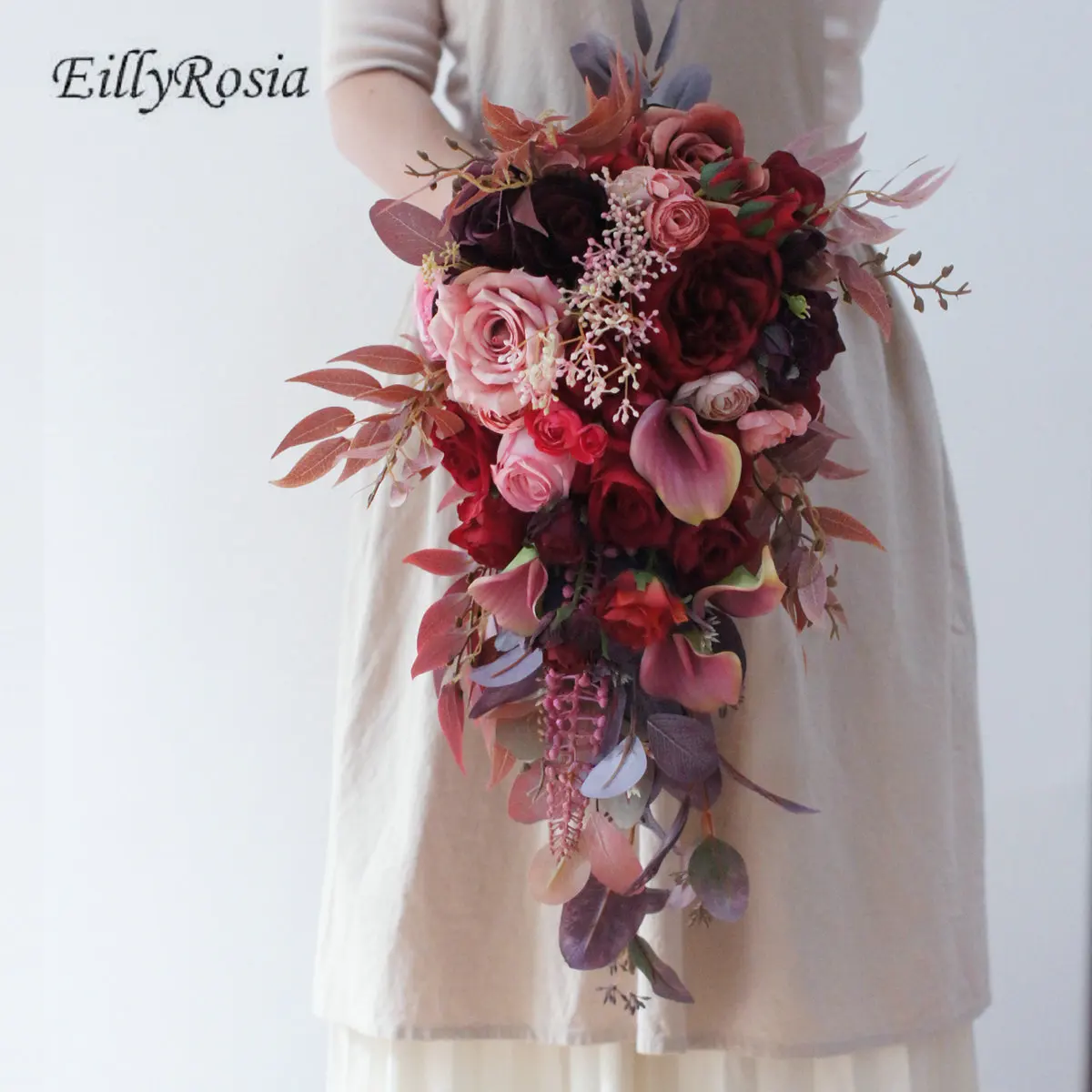 

EillyRosia Retro Waterfall Wedding Flowers Bouquet de Fleur Princesse Burgundy Pink Morandi Color Cascading Bridal Bouquet New