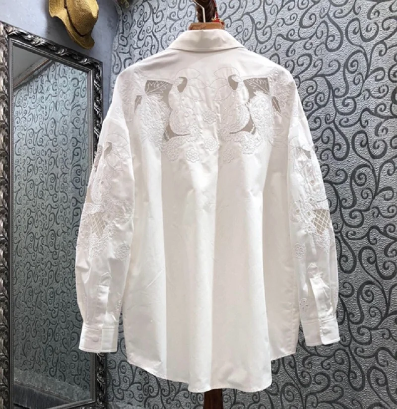 100%Cotton Shirts 2022 Spring Summer Designer Fashion Blouses Women Turn-down Collar Hollow Out Embroidery Casual White Shirts